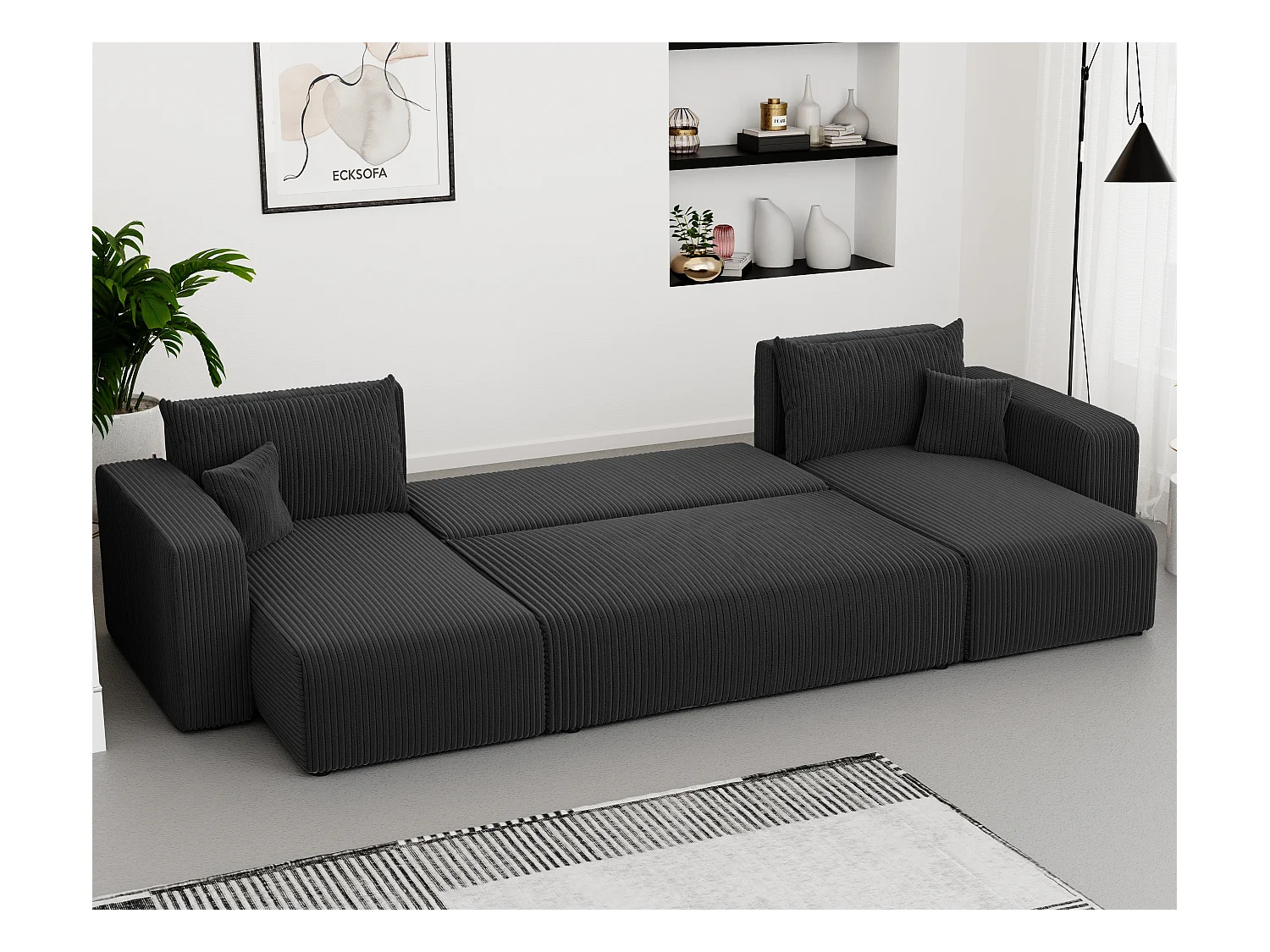 Ecksofa Piano U mit Schlaffunktion und schwarzem Stoff.
