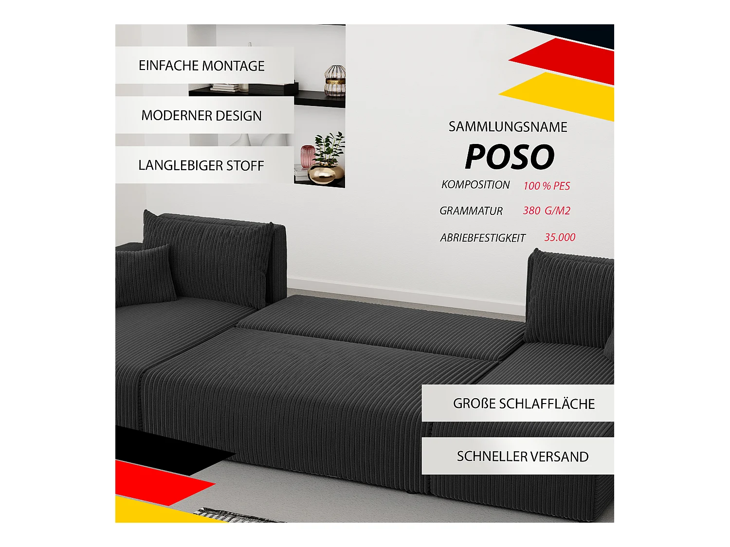 Ecksofa Piano U mit Schlaffunktion und schwarzem Stoff.