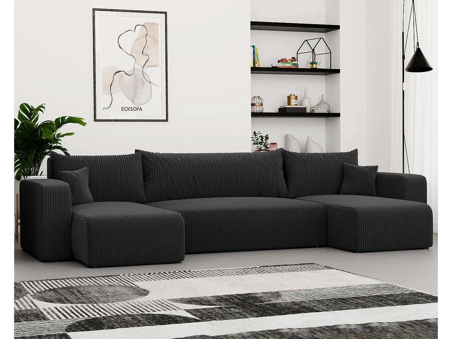 Ecksofa Piano U mit Schlaffunktion und schwarzem Stoff.