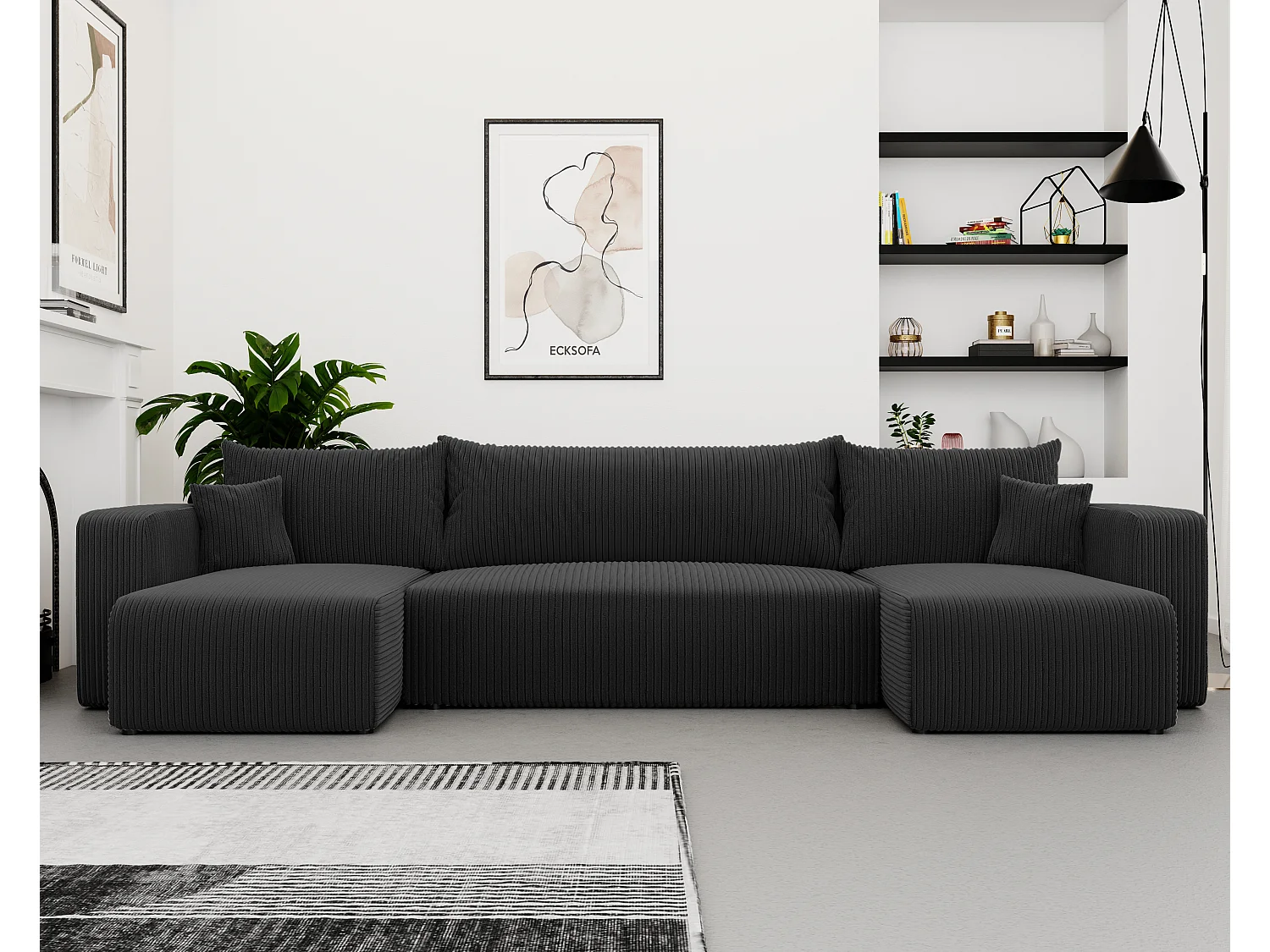 Ecksofa Piano U mit Schlaffunktion und schwarzem Stoff.