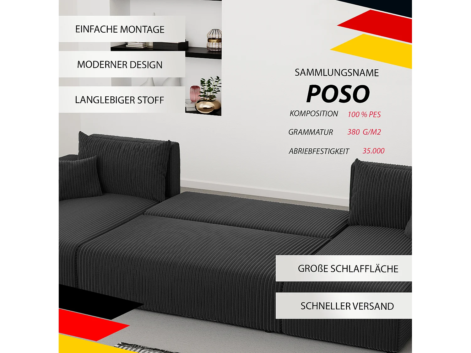 Ecksofa Piano U mit Schlaffunktion und schwarzem Stoff.