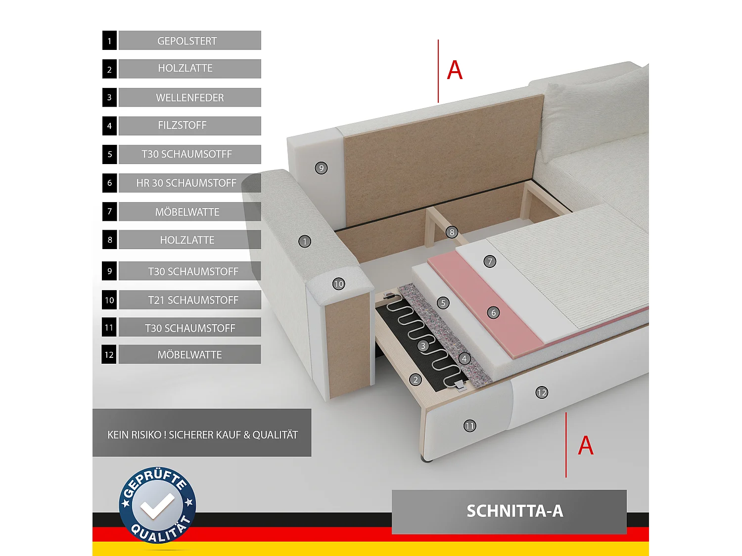 Ecksofa Piano U mit Schlaffunktion und schwarzem Stoff.