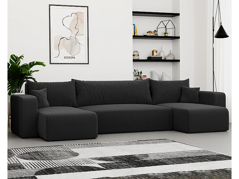 Ecksofa Piano U mit Schlaffunktion und schwarzem Stoff.