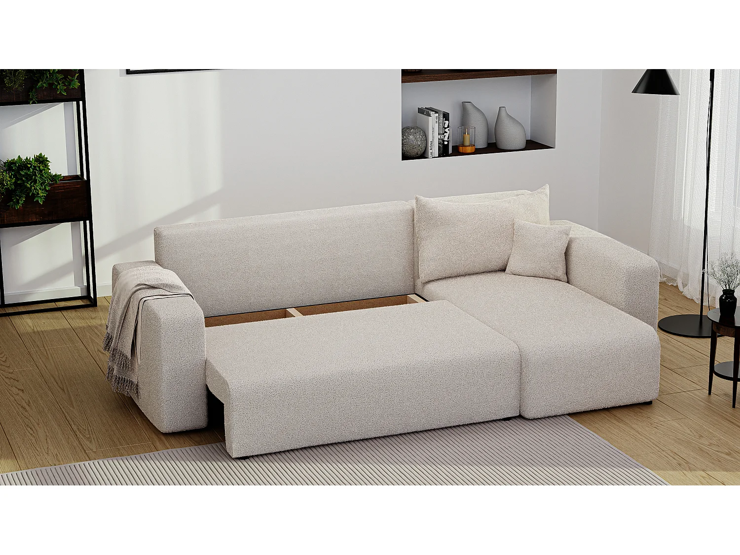 Hoekslaapbank Piano om te bouwen in Beige stof