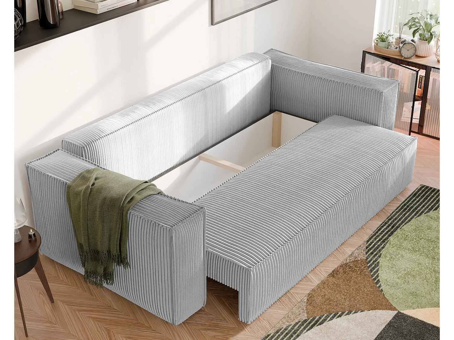 Sofa Bali, umkehrbar und ausziehbar, in Grau Stoff.