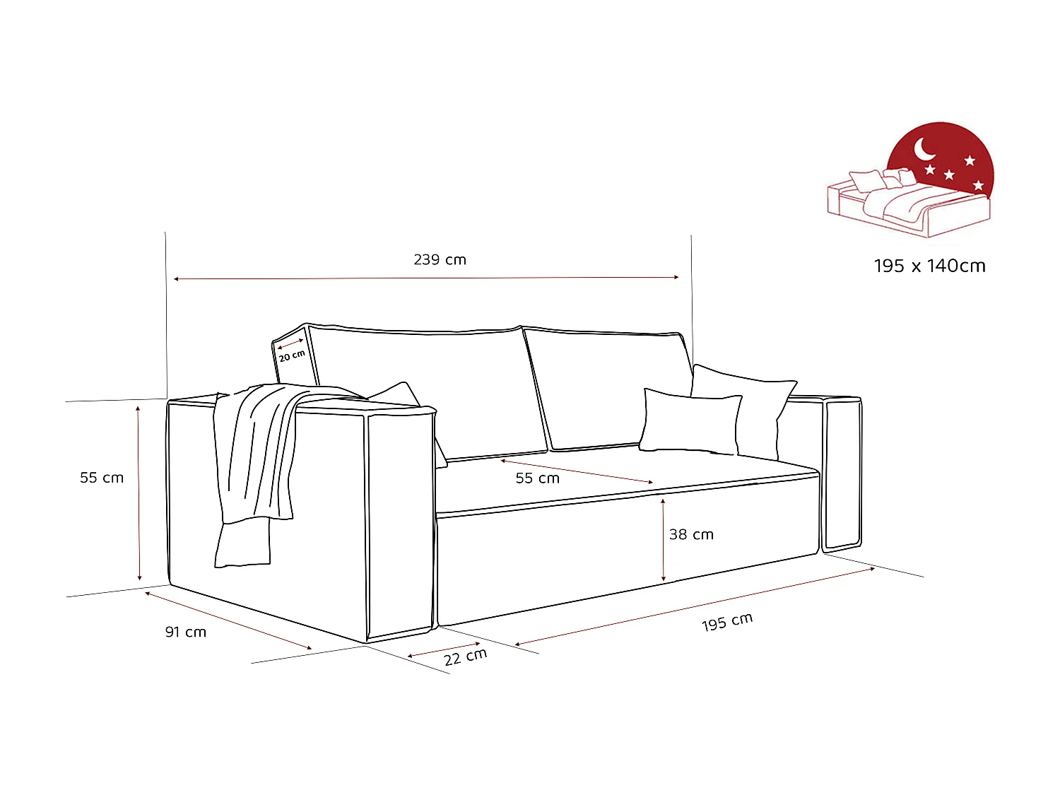 Sofa Bali, umkehrbar und ausziehbar, in Grau Stoff.