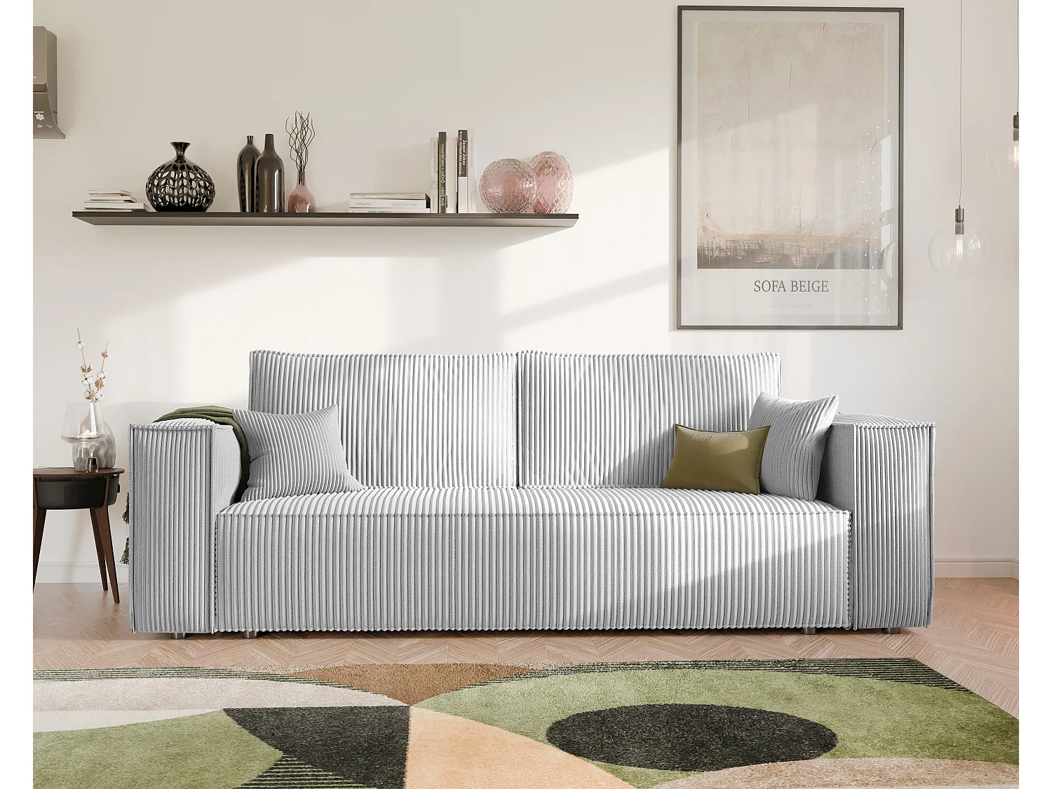 Sofa Bali, umkehrbar und ausziehbar, in Grau Stoff.