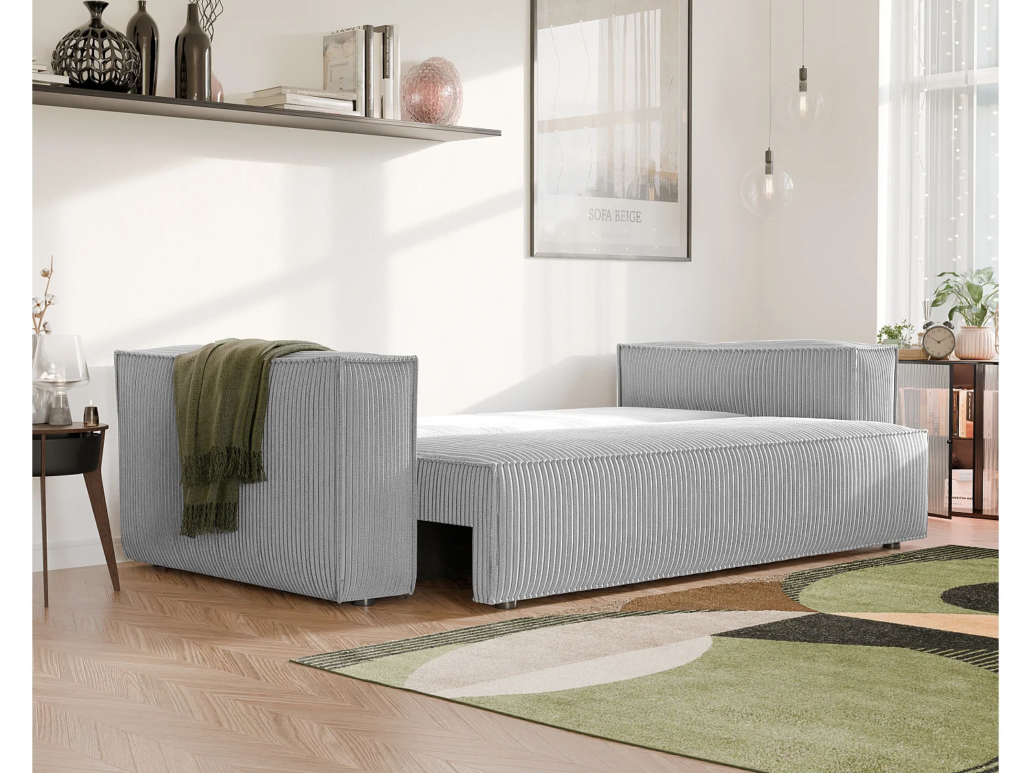 Sofa Bali, umkehrbar und ausziehbar, in Grau Stoff.