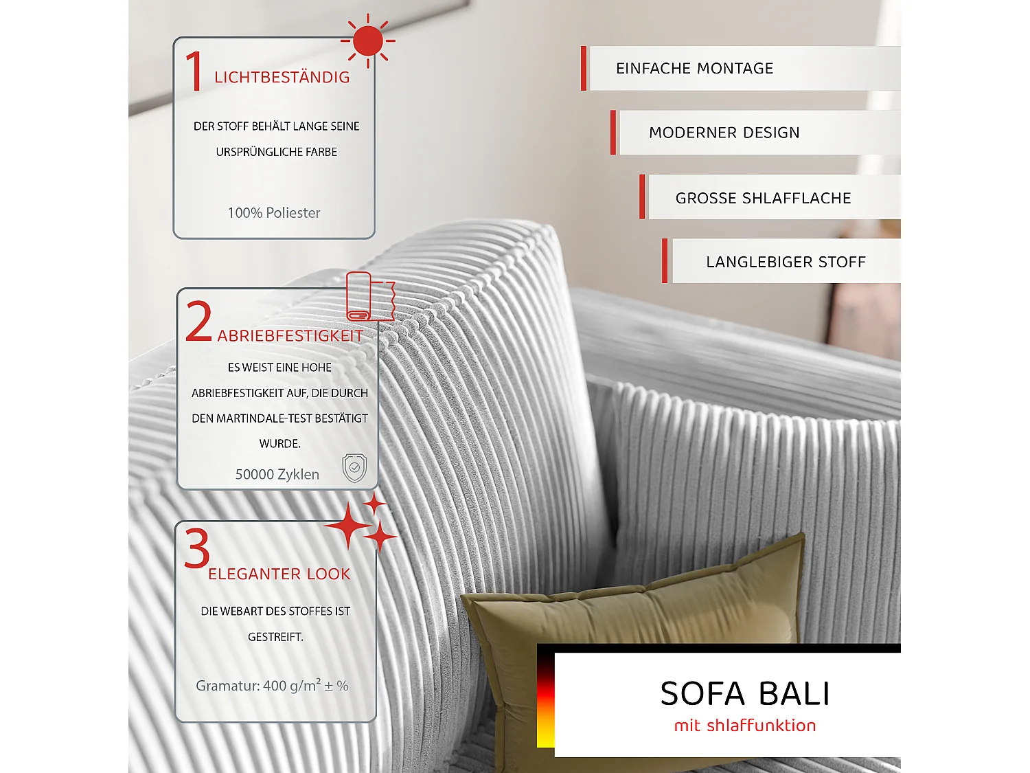 Sofa Bali, umkehrbar und ausziehbar, in Grau Stoff.