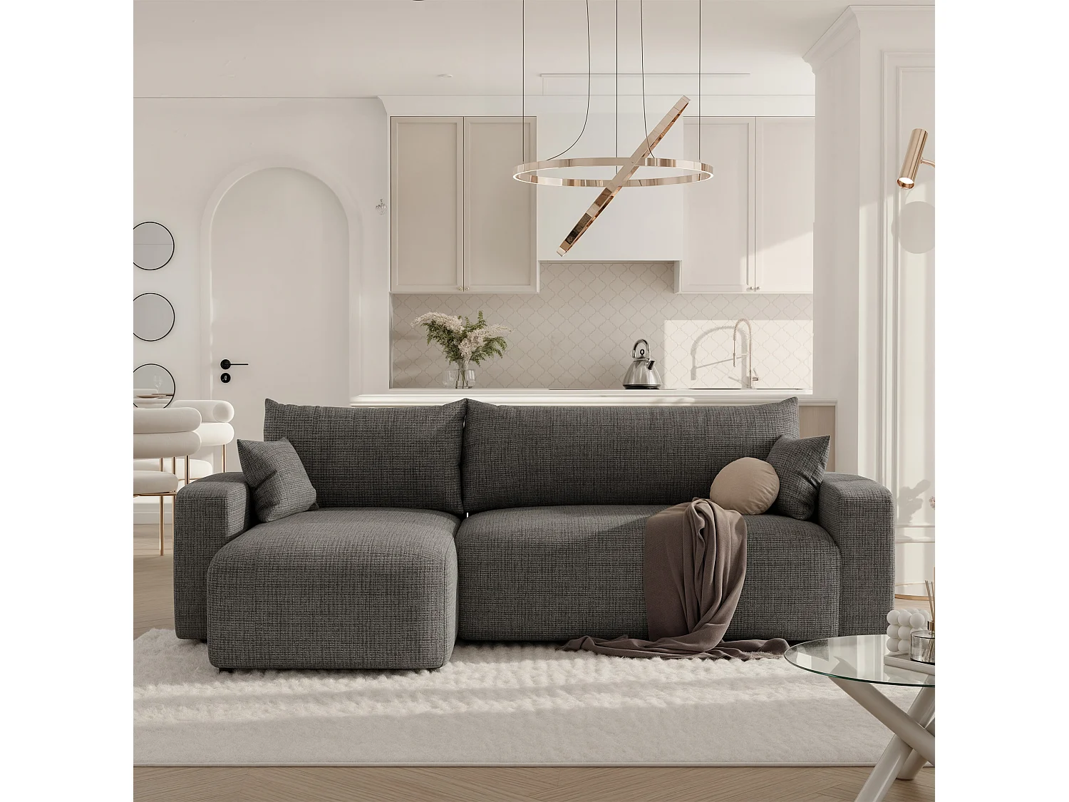 Hoekslaapbank Piano om te bouwen in grijze stof