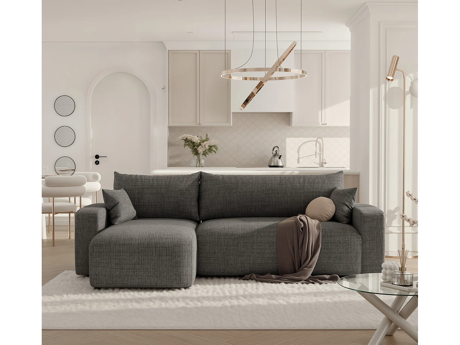 Hoekslaapbank Piano om te bouwen in grijze stof