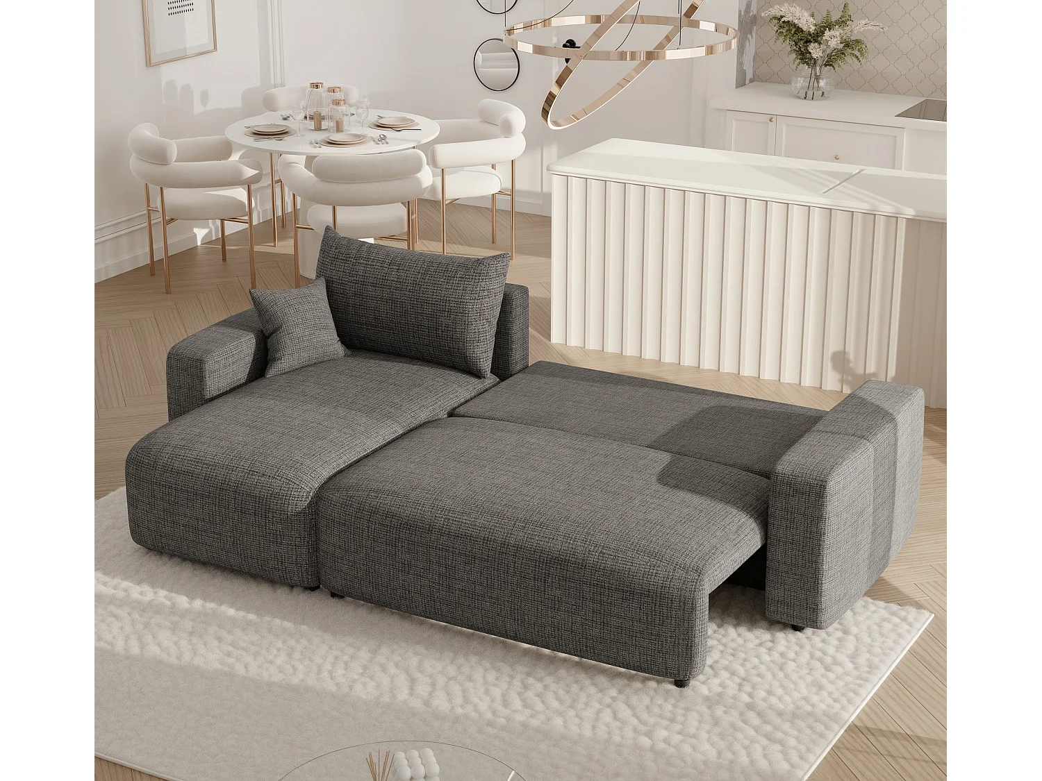 Hoekslaapbank Piano om te bouwen in grijze stof