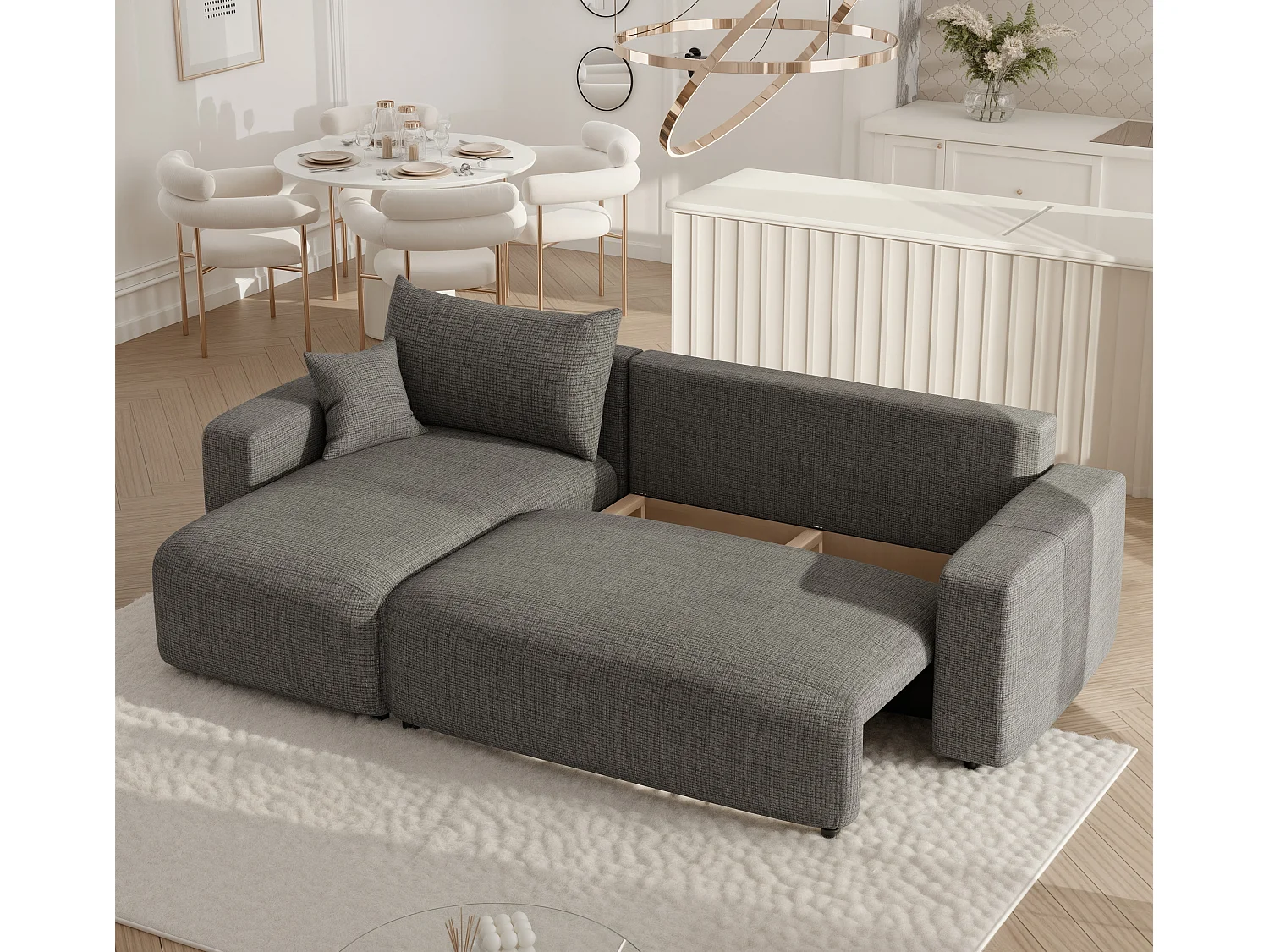 Hoekslaapbank Piano om te bouwen in grijze stof