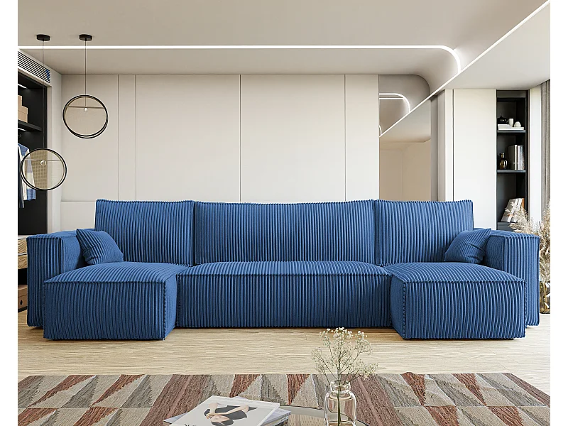 Ecksofa Paris U mit Schlaffunktion und blauem Stoff.