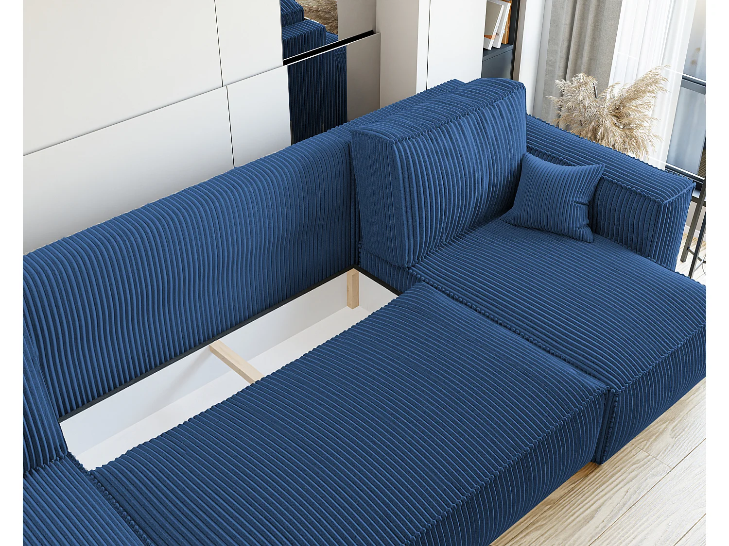 Ecksofa Paris U mit Schlaffunktion und blauem Stoff.