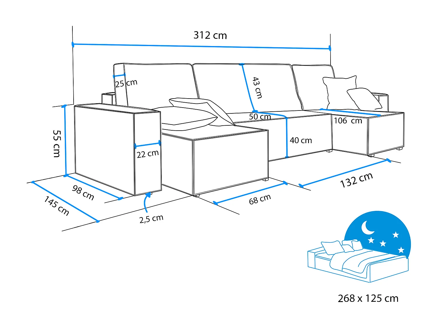 Ecksofa Paris U mit Schlaffunktion und blauem Stoff.