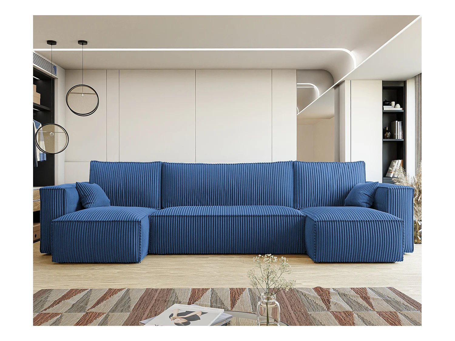 Canapé d'angle Paris U fonction couchage, et tissu Bleu