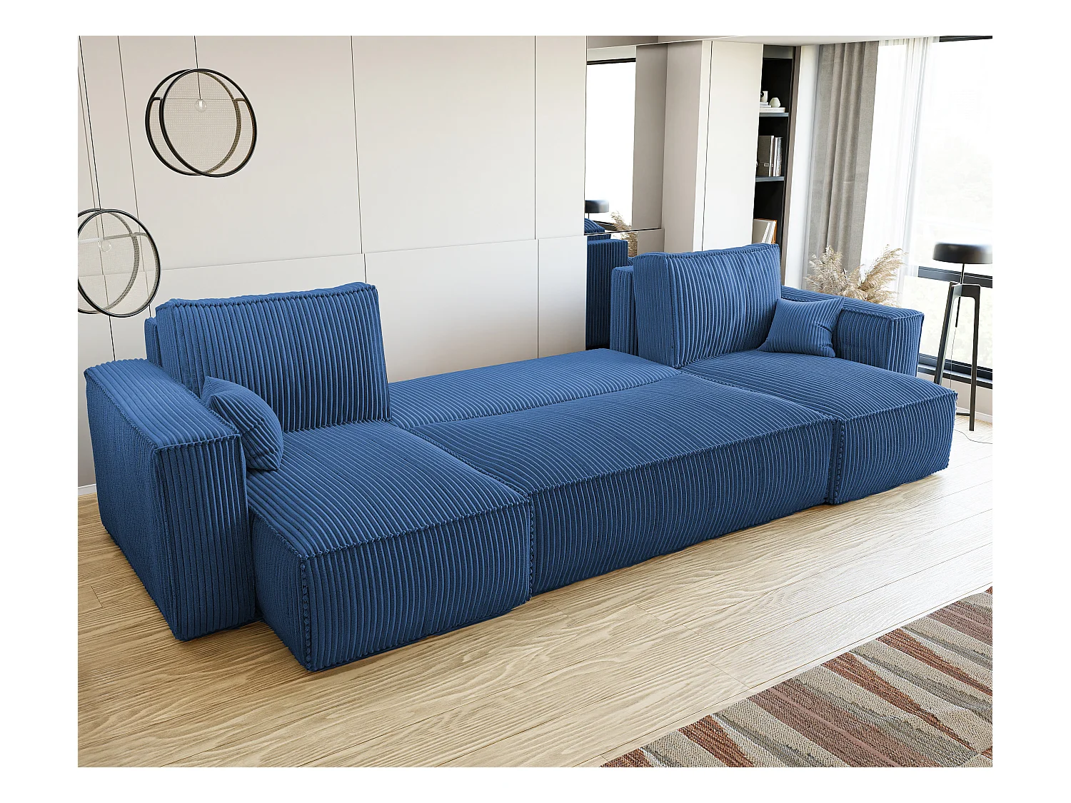 Canapé d'angle Paris U fonction couchage, et tissu Bleu