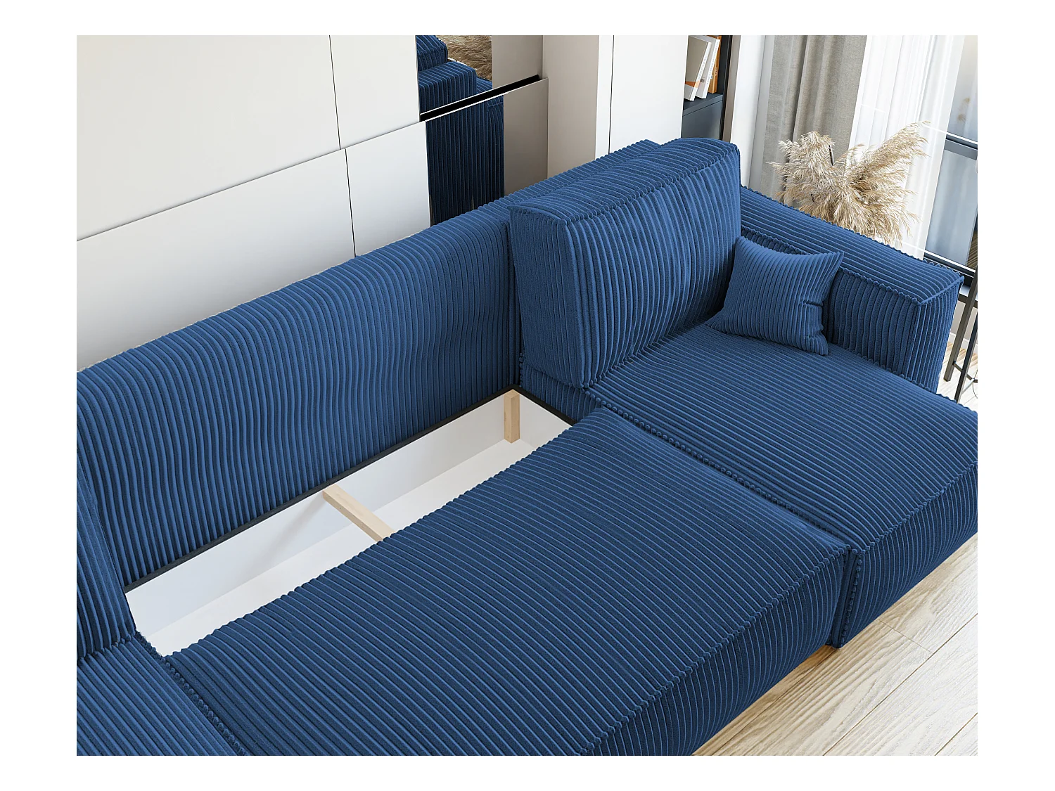 Canapé d'angle Paris U fonction couchage, et tissu Bleu