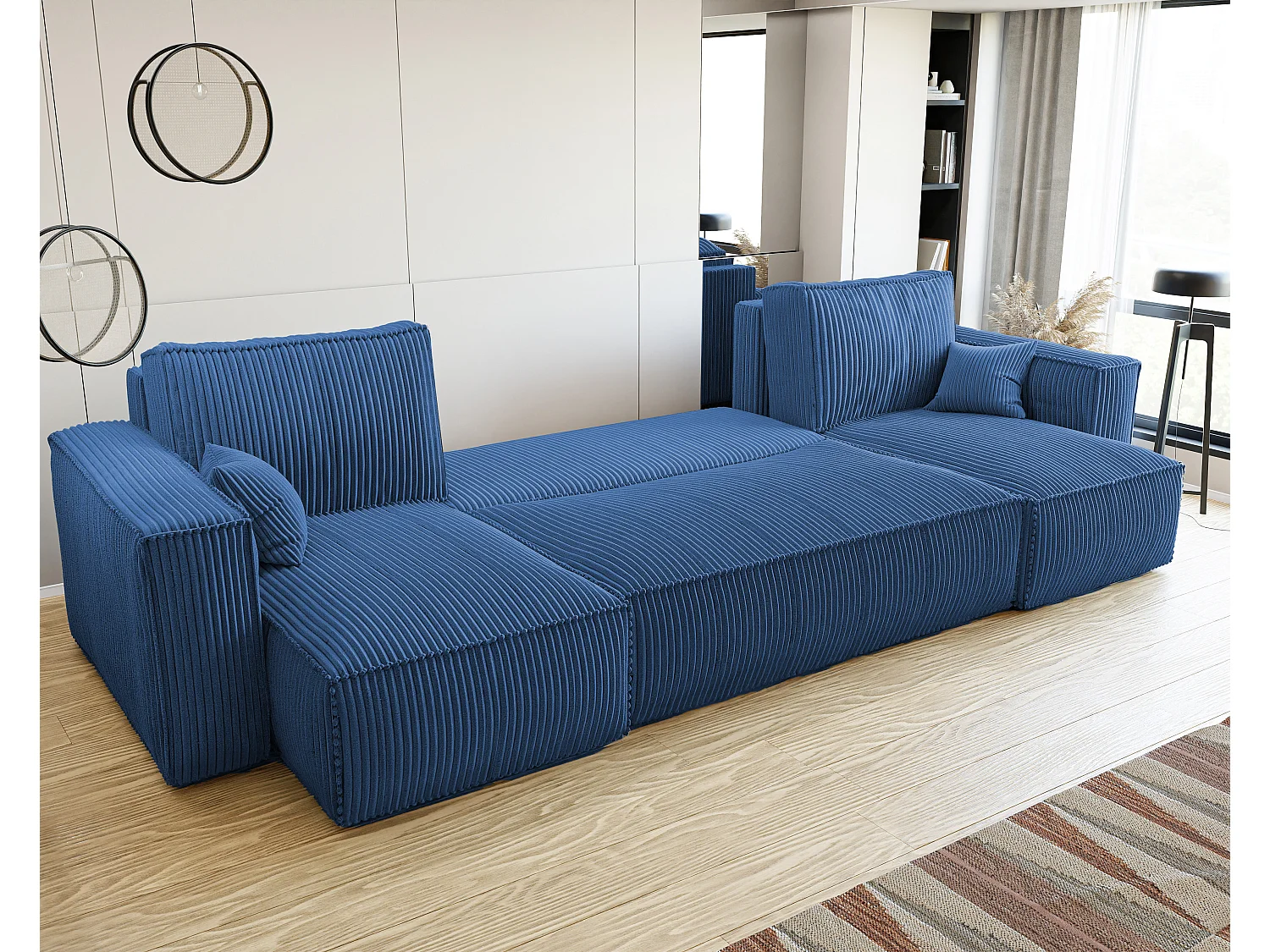 Canapé d'angle Paris U fonction couchage, et tissu Bleu