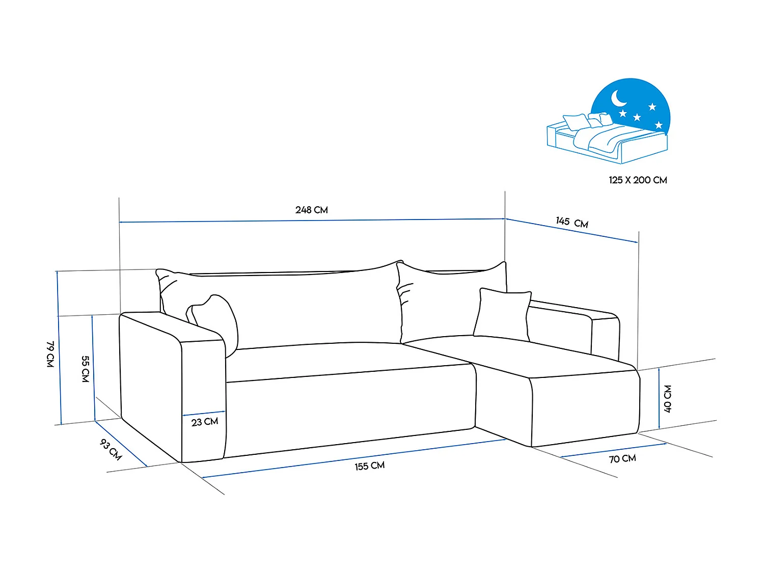 Ecksofa Piano Schlafsofa aus schwarzem Stoff