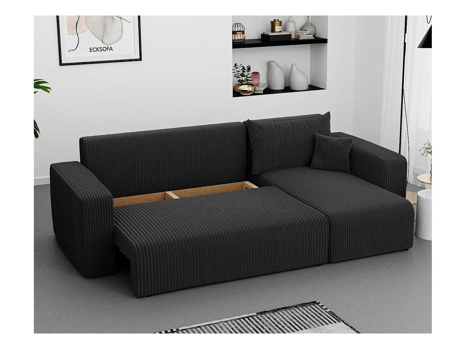 Hoekslaapbank Piano om te bouwen in zwart textiel