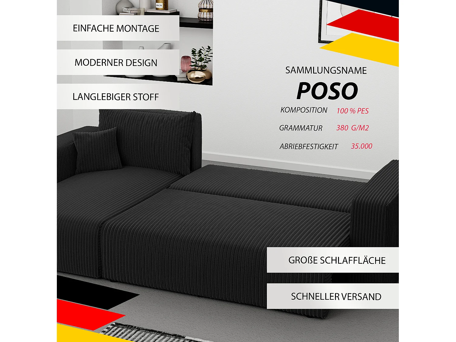 Ecksofa Piano Schlafsofa aus schwarzem Stoff
