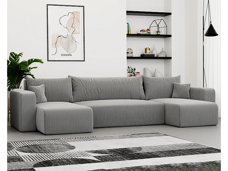 Canapé d'angle Piano U fonction couchage, et tissu Gris