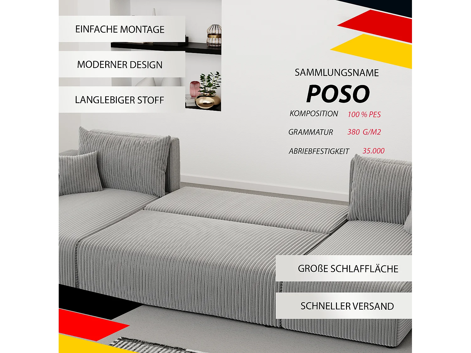 Ecksofa Piano U mit Schlaffunktion und grauem Stoff.