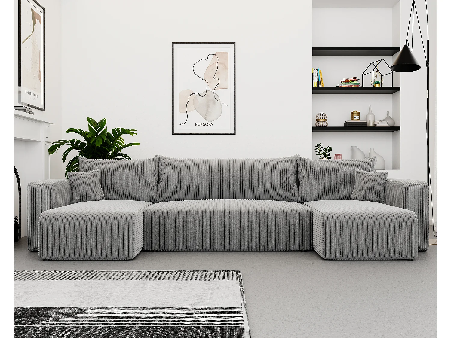 Ecksofa Piano U mit Schlaffunktion und grauem Stoff.