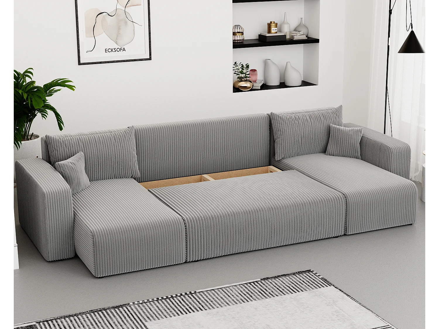 Ecksofa Piano U mit Schlaffunktion und grauem Stoff.