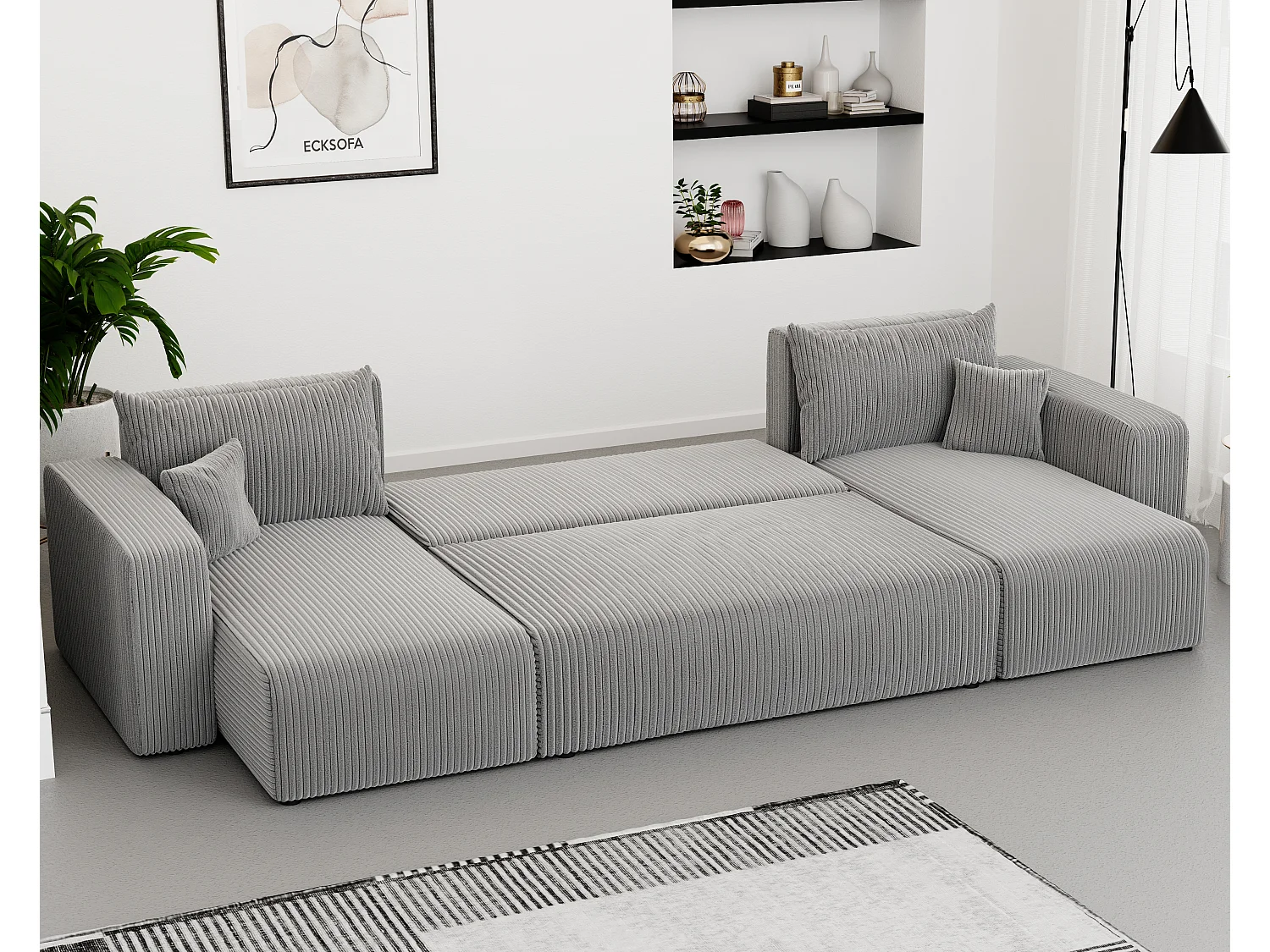 Ecksofa Piano U mit Schlaffunktion und grauem Stoff.