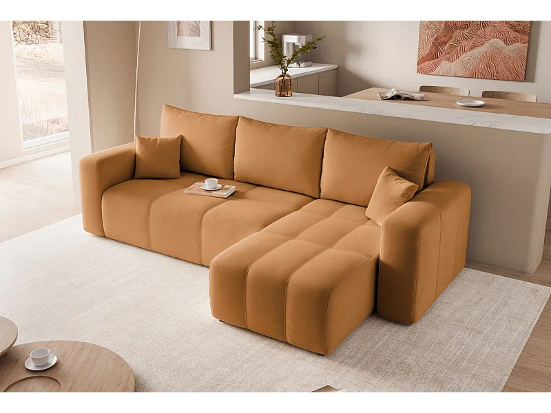 Ecksofa Pedro mit Schlaffunktion und Stauraum, 3-Sitzer, in Senfgelb aus Stoff.