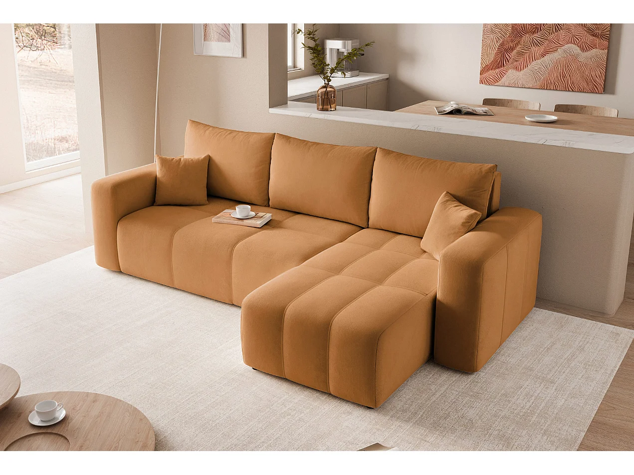 Canapé d'angle Convertible Pedro 3-Places avec Espace de Rangement en tissu Jaune Moutarde