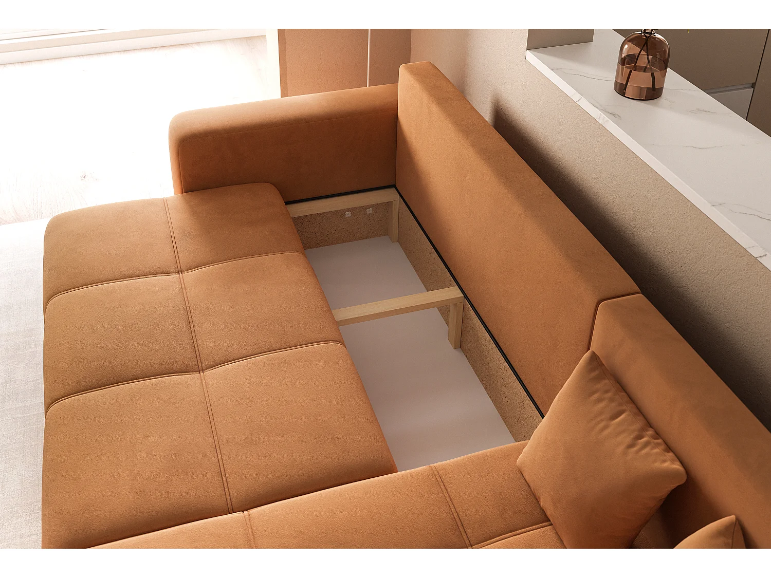 Canapé d'angle Convertible Pedro 3-Places avec Espace de Rangement en tissu Jaune Moutarde