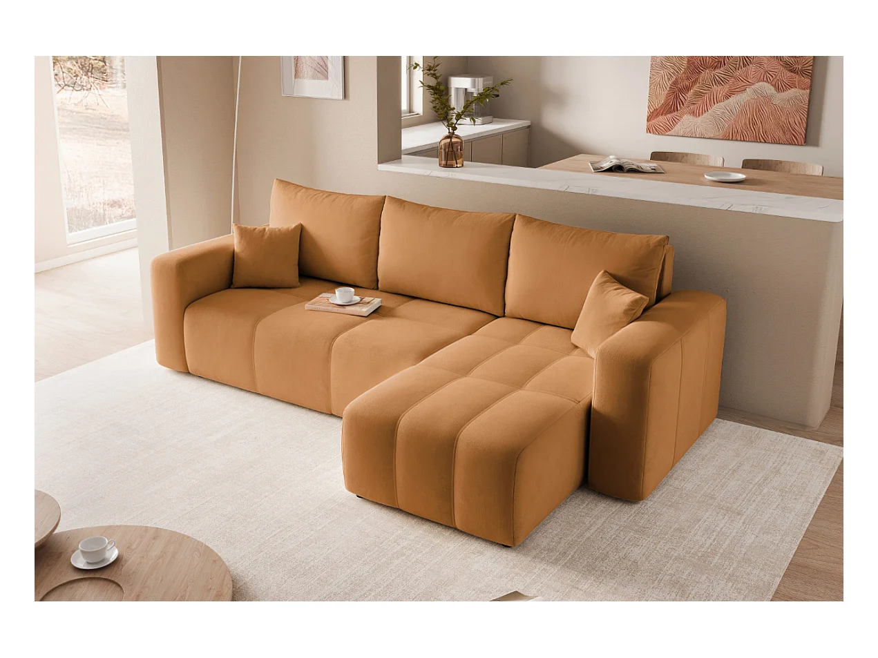 Canapé d'angle Convertible Pedro 3-Places avec Espace de Rangement en tissu Jaune Moutarde