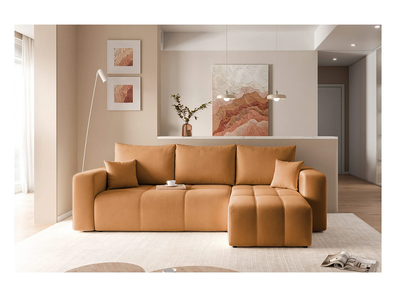 Hoekslaapbank Convertible Pedro 3-zits met opbergruimte in mosterdgeel stof