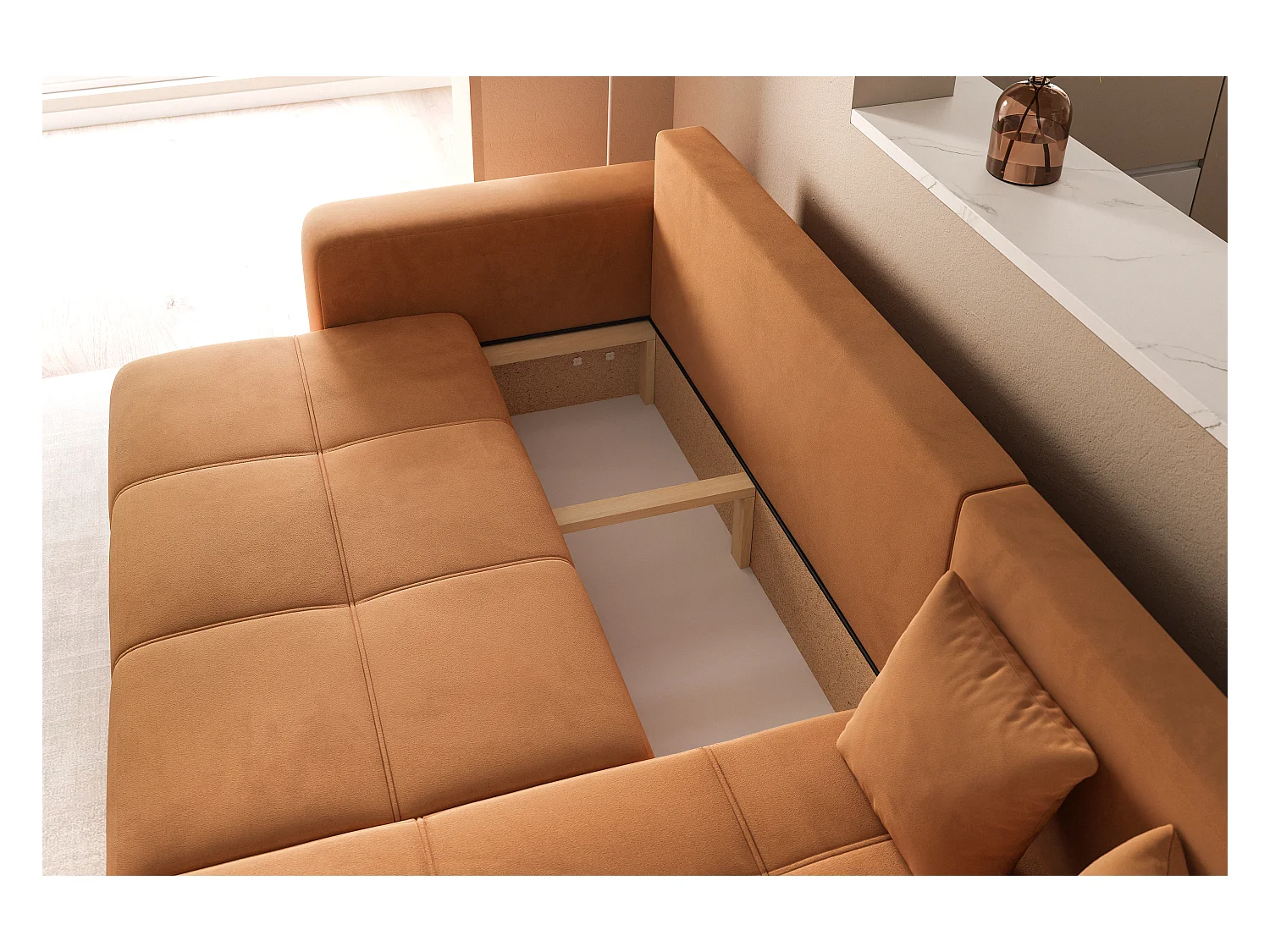 Hoekslaapbank Convertible Pedro 3-zits met opbergruimte in mosterdgeel stof