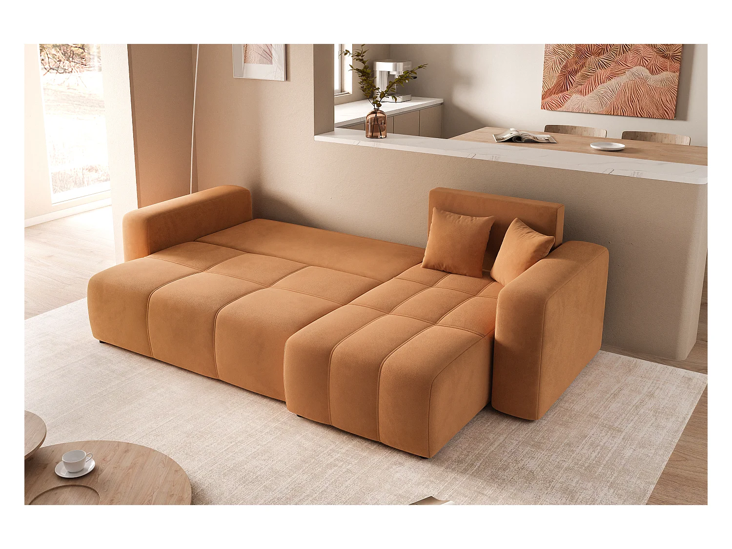 Hoekslaapbank Convertible Pedro 3-zits met opbergruimte in mosterdgeel stof