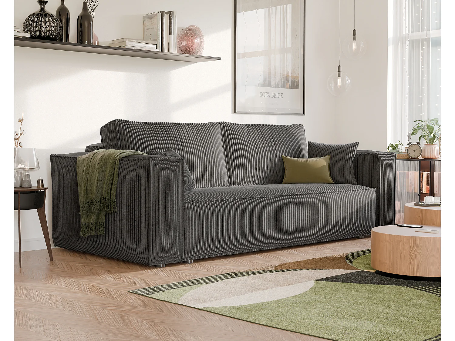 Sofa Bali, umkehrbar und ausziehbar, in Grau Stoff.