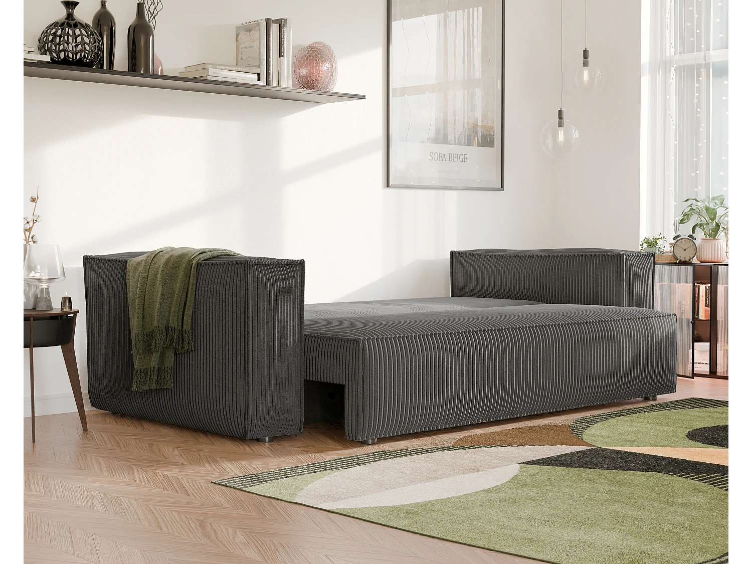 Sofa Bali, umkehrbar und ausziehbar, in Grau Stoff.