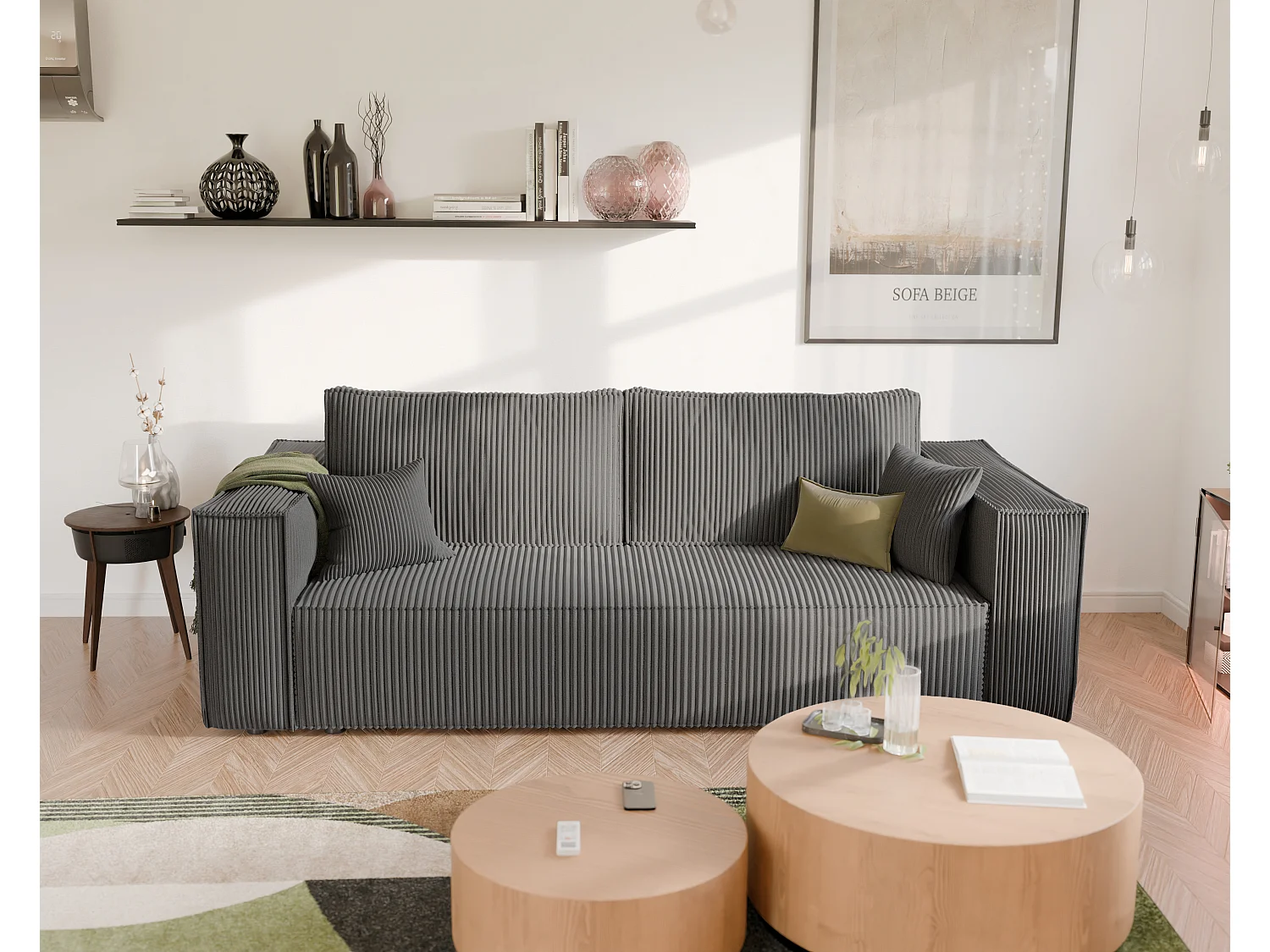 Sofa Bali, umkehrbar und ausziehbar, in Grau Stoff.