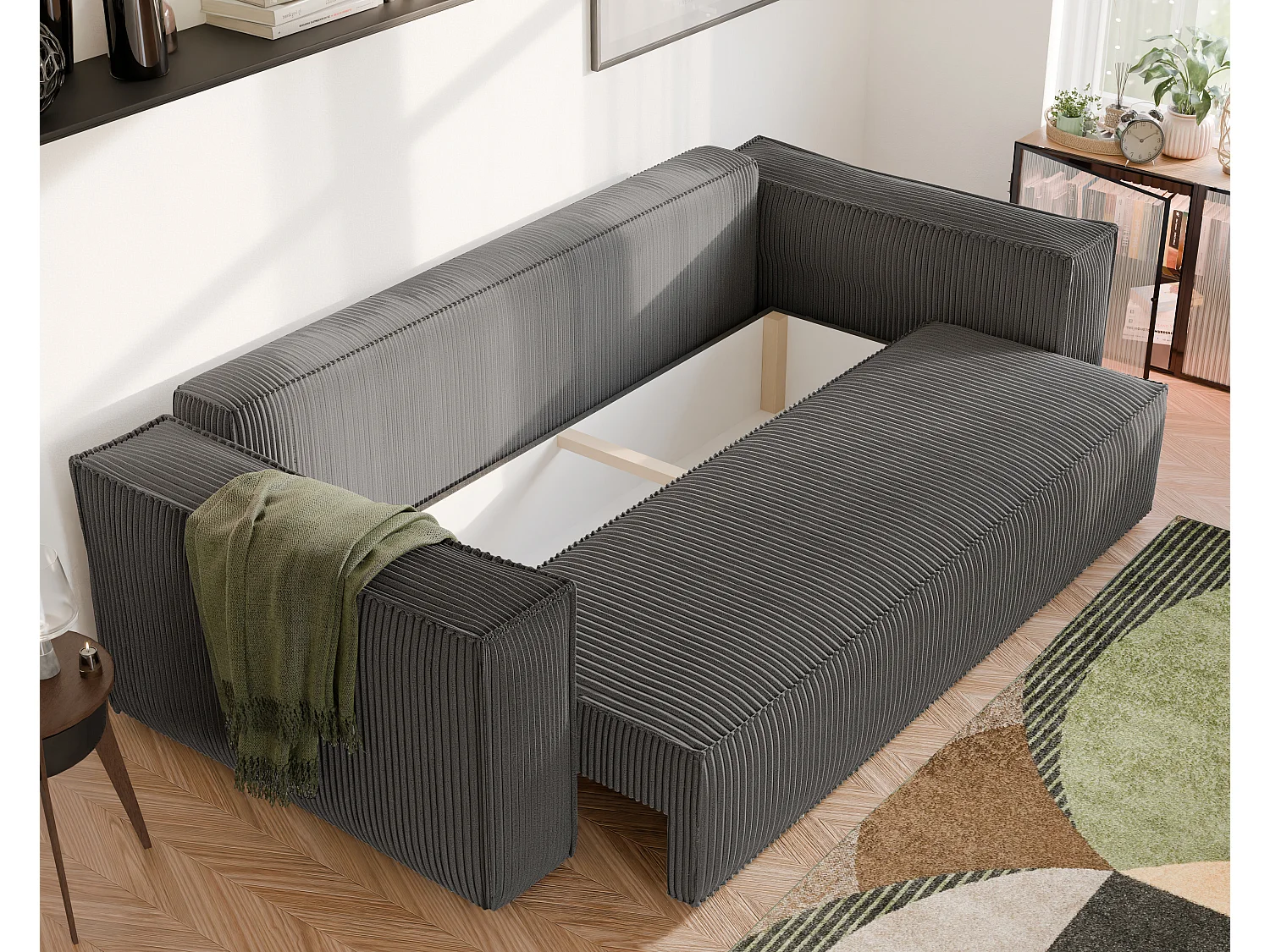 Sofa Bali, umkehrbar und ausziehbar, in Grau Stoff.