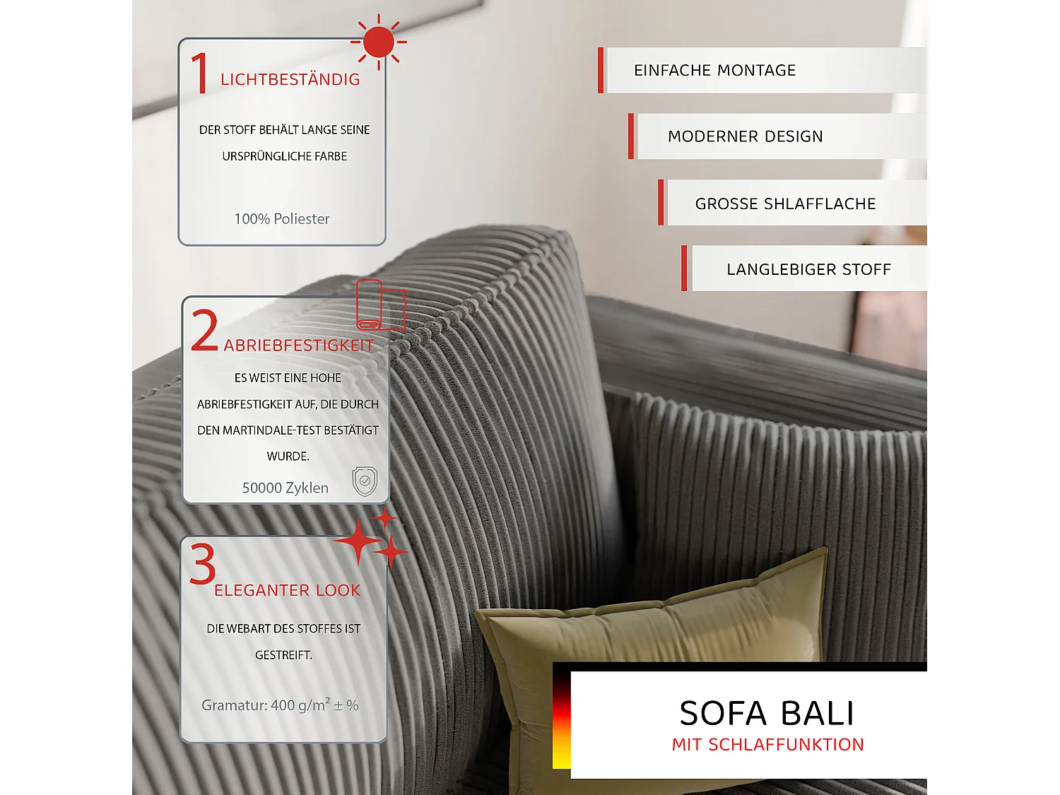 Sofa Bali, umkehrbar und ausziehbar, in Grau Stoff.