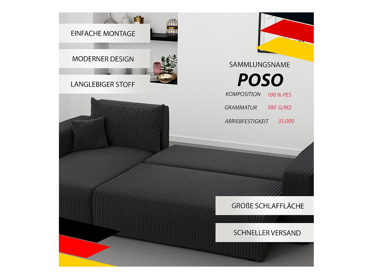 Ecksofa Piano in dunkelgrauem Stoff umwandelbar