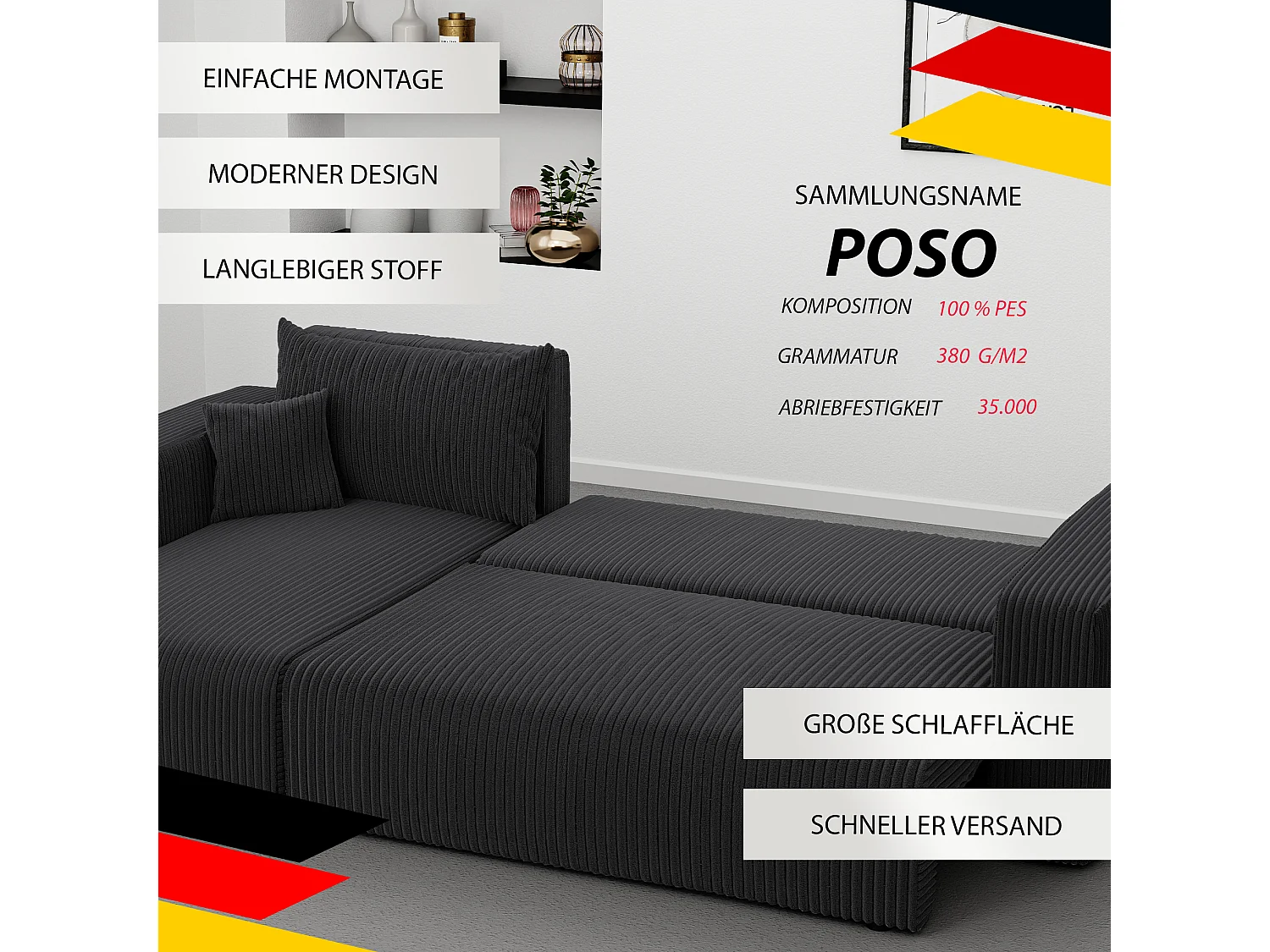 Hoekslaapbank Piano om te bouwen in donkergrijze stof