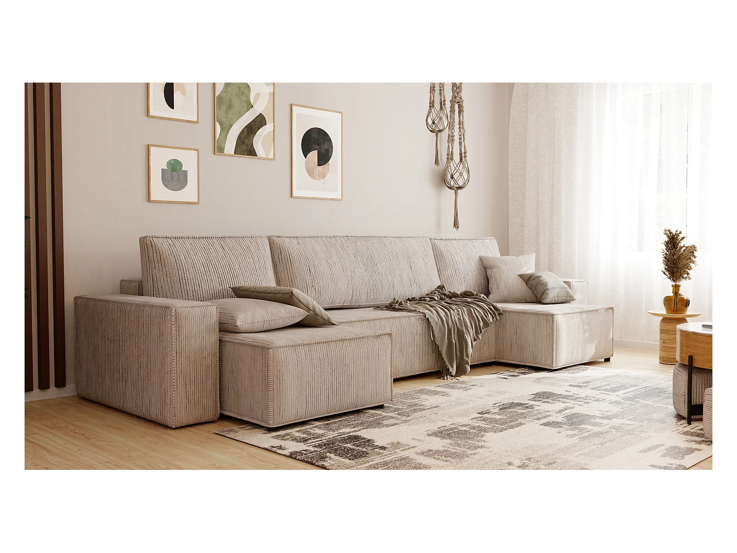 Canapé d'angle Paris U fonction couchage, et tissu Beige