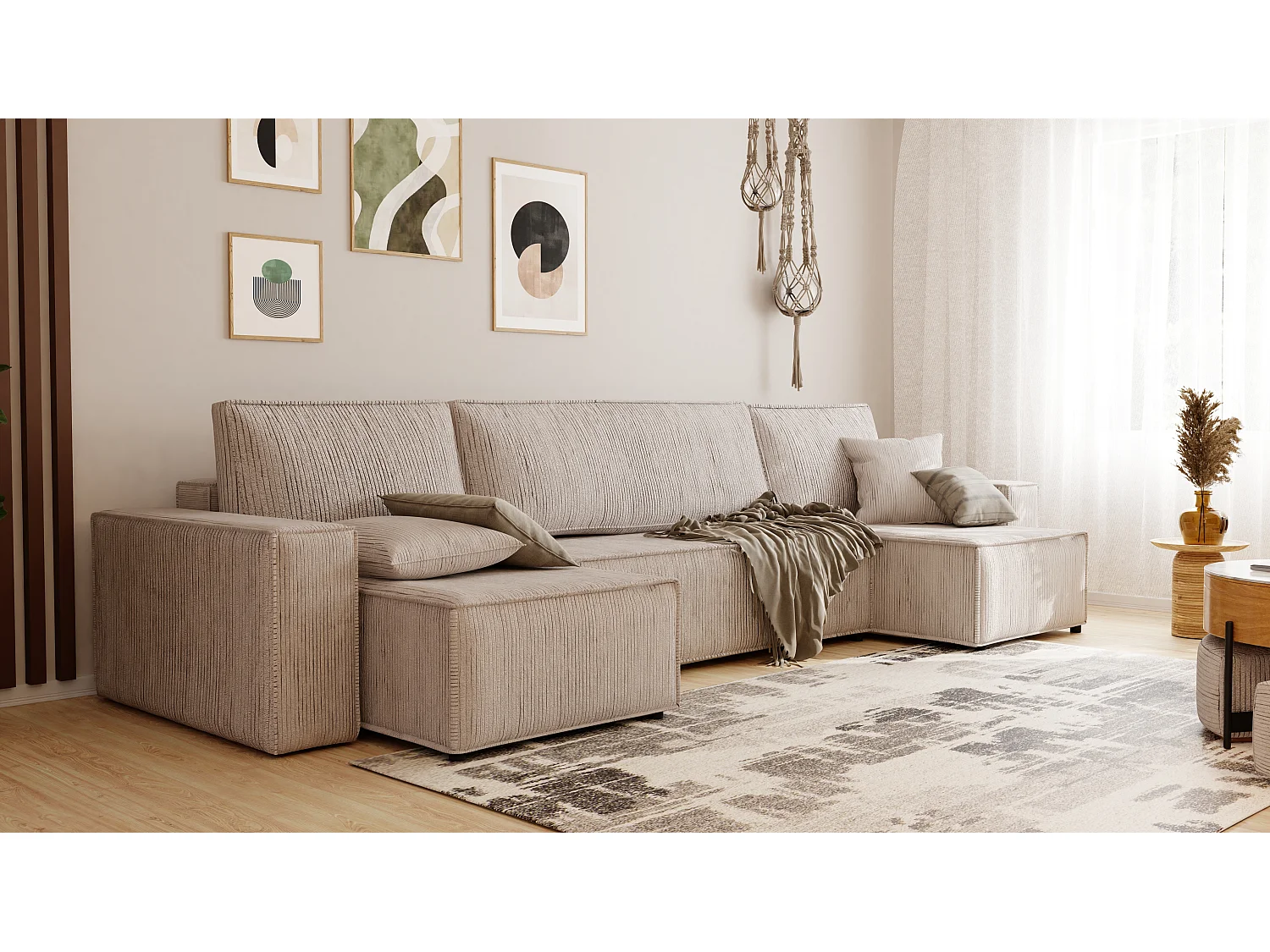 Ecksofa Paris U mit Schlaffunktion und Beige Stoff.