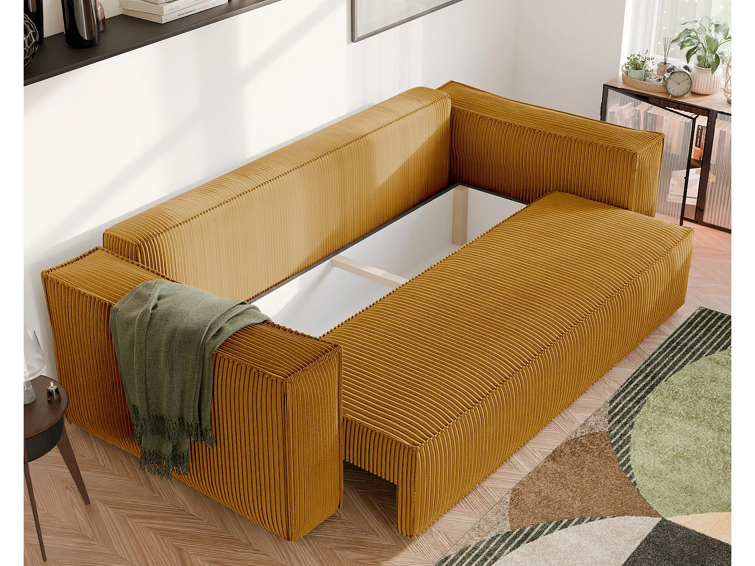 Bali umkehrbares Schlafsofa aus gelbem Senfgelb-Stoff.