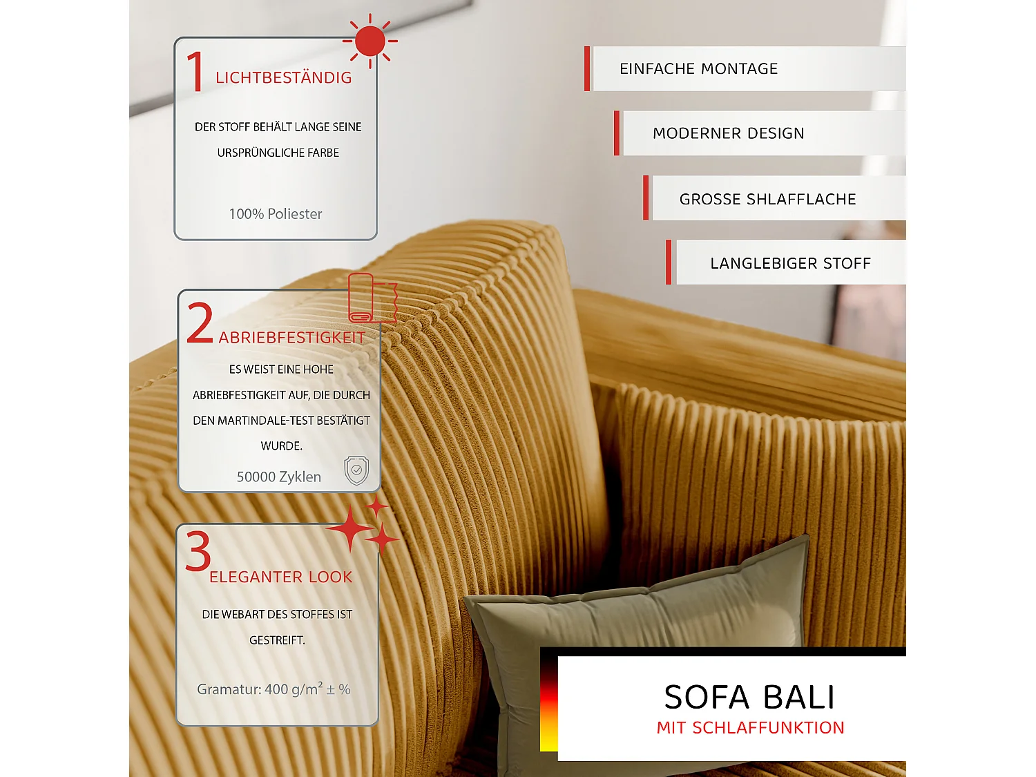 Bali umkehrbares Schlafsofa aus gelbem Senfgelb-Stoff.